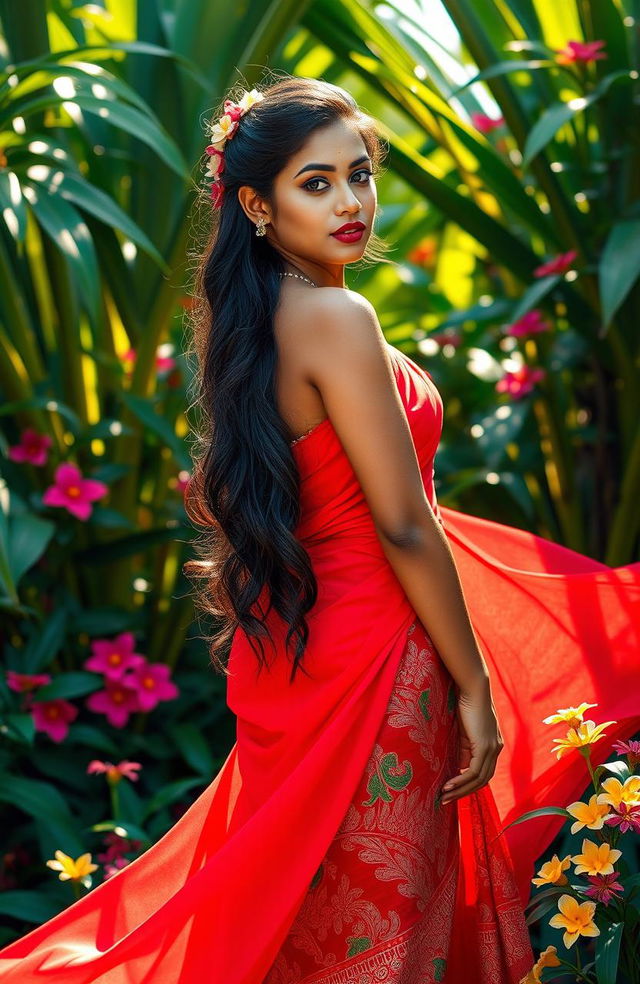 A captivating image depicting a striking figure of a beautiful woman dressed in a traditional Sri Lankan outfit, featuring a bright red sarong that flows elegantly around her