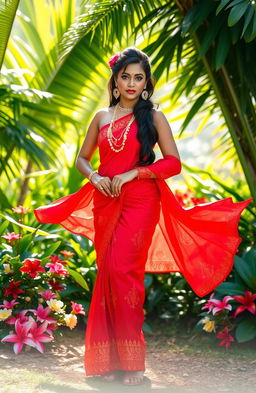 A captivating image depicting a striking figure of a beautiful woman dressed in a traditional Sri Lankan outfit, featuring a bright red sarong that flows elegantly around her