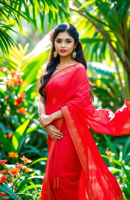 A captivating image depicting a striking figure of a beautiful woman dressed in a traditional Sri Lankan outfit, featuring a bright red sarong that flows elegantly around her