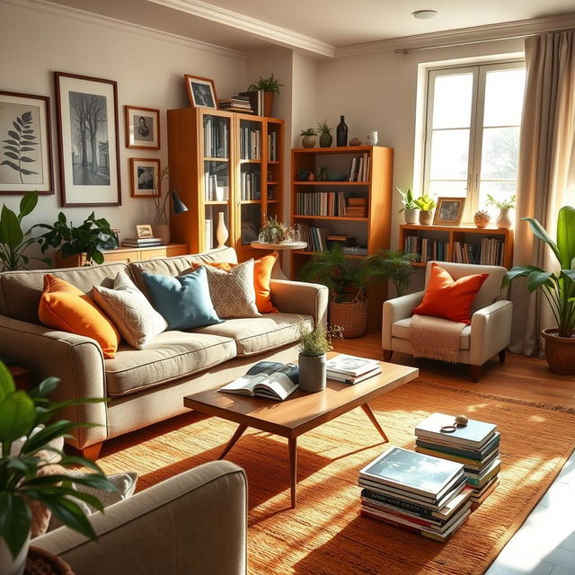 a cozy and welcoming living room, featuring a comfortable sofa adorned with colorful cushions, a coffee table with a stack of stylish magazines, and a warm area rug