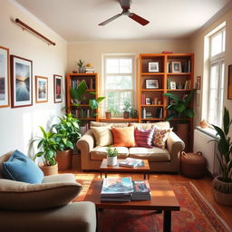 a cozy and welcoming living room, featuring a comfortable sofa adorned with colorful cushions, a coffee table with a stack of stylish magazines, and a warm area rug