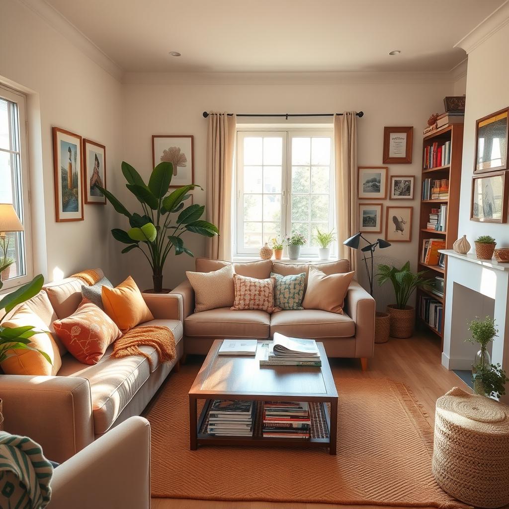 a cozy and welcoming living room, featuring a comfortable sofa adorned with colorful cushions, a coffee table with a stack of stylish magazines, and a warm area rug