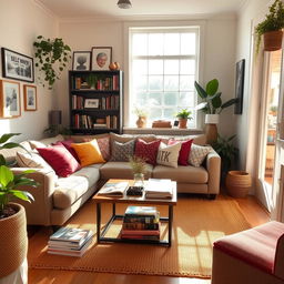 a cozy and welcoming living room, featuring a comfortable sofa adorned with colorful cushions, a coffee table with a stack of stylish magazines, and a warm area rug