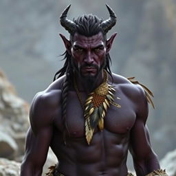A photorealistic depiction of a male barbarian tiefling, featuring dark purple skin that appears almost black