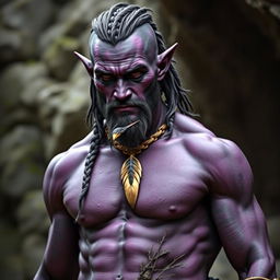 A photorealistic depiction of a male barbarian tiefling, featuring dark purple skin that appears almost black