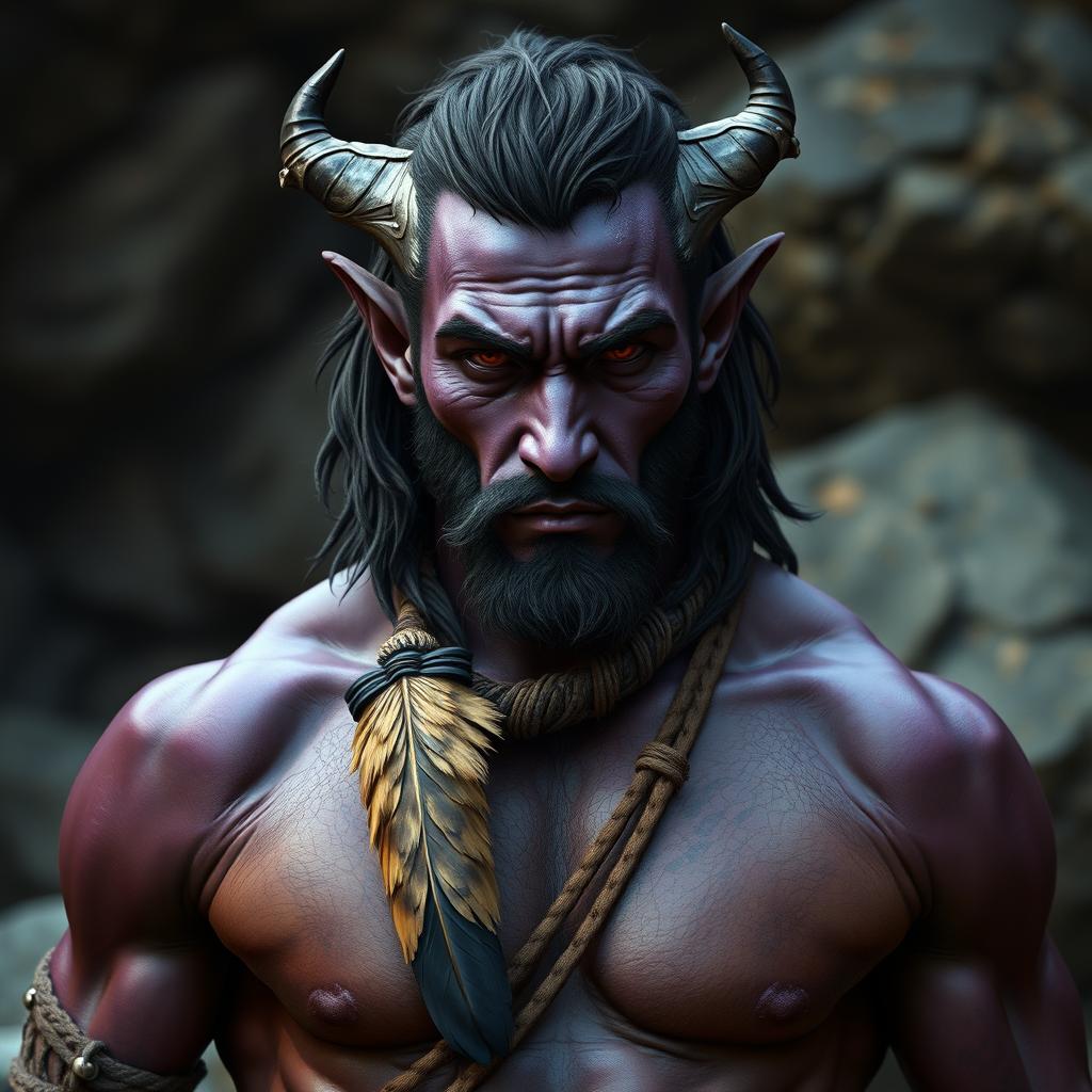 A photorealistic depiction of a male barbarian tiefling, featuring dark purple skin that appears almost black