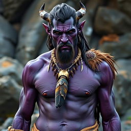 A photorealistic depiction of a male barbarian tiefling, featuring dark purple skin that appears almost black