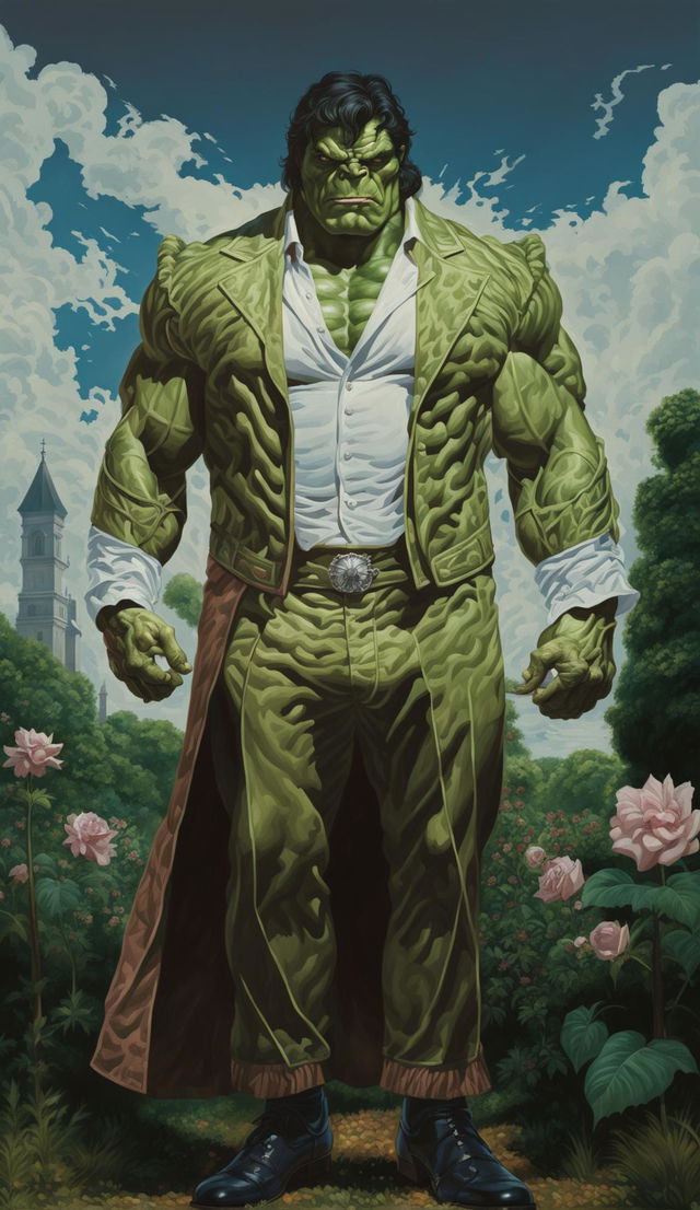 A sophisticated Hulk in Victorian-era aristocratic attire standing in front of a grand manor house.