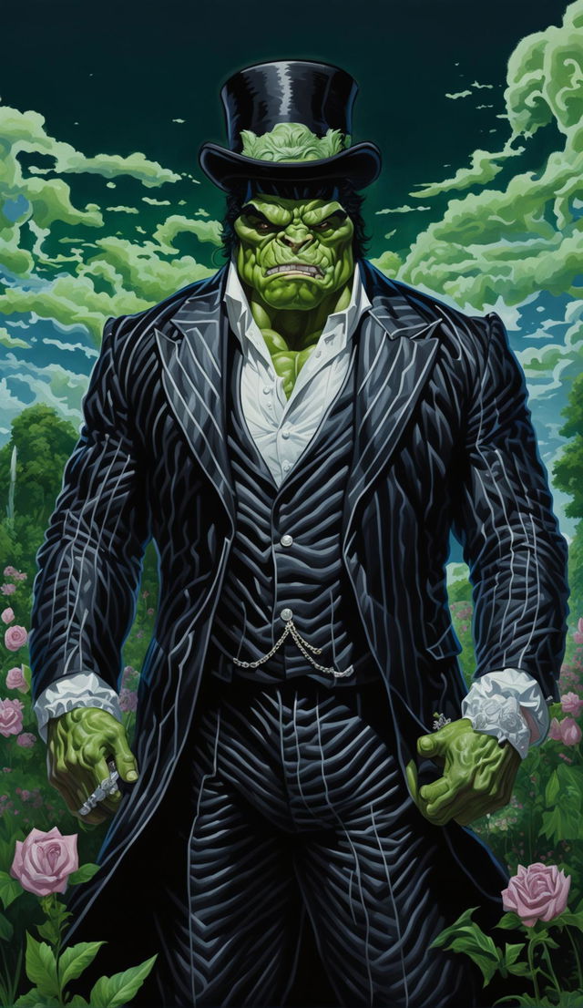 A sophisticated Hulk in a pinstripe suit with a top hat and monocle standing in front of a grand manor house.