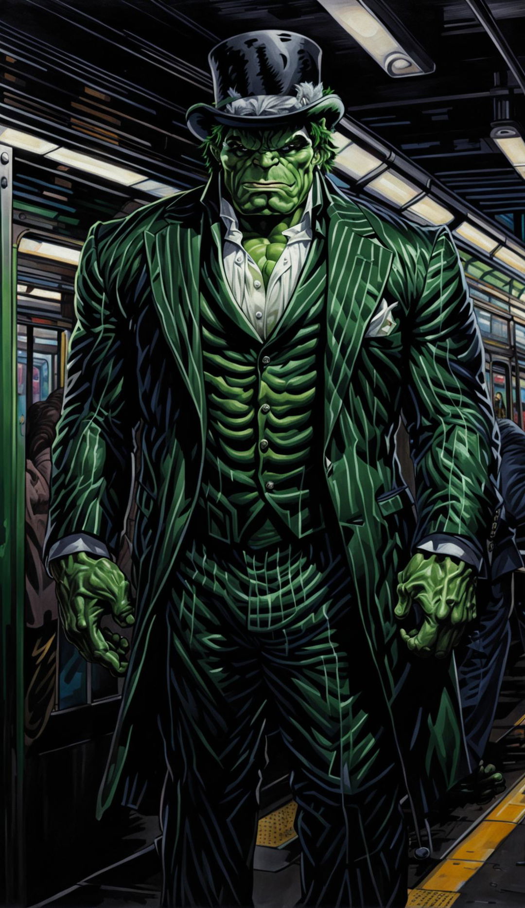 A sophisticated Hulk in a pinstripe suit with a top hat and monocle, holding a walking cane, standing on a NYC subway platform.