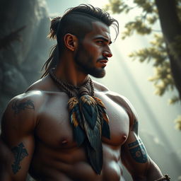 A stunningly detailed photorealistic image of a male barbarian wearing an elaborate eagle feather amulet