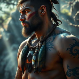 A stunningly detailed photorealistic image of a male barbarian wearing an elaborate eagle feather amulet