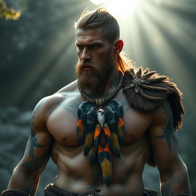 A stunningly detailed photorealistic image of a male barbarian wearing an elaborate eagle feather amulet