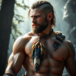 A stunningly detailed photorealistic image of a male barbarian wearing an elaborate eagle feather amulet