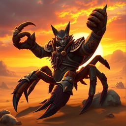 A fierce anthropomorphic scorpion warrior named Rey, wearing an ornate, fearsome armor adorned with intricate designs and glowing accents