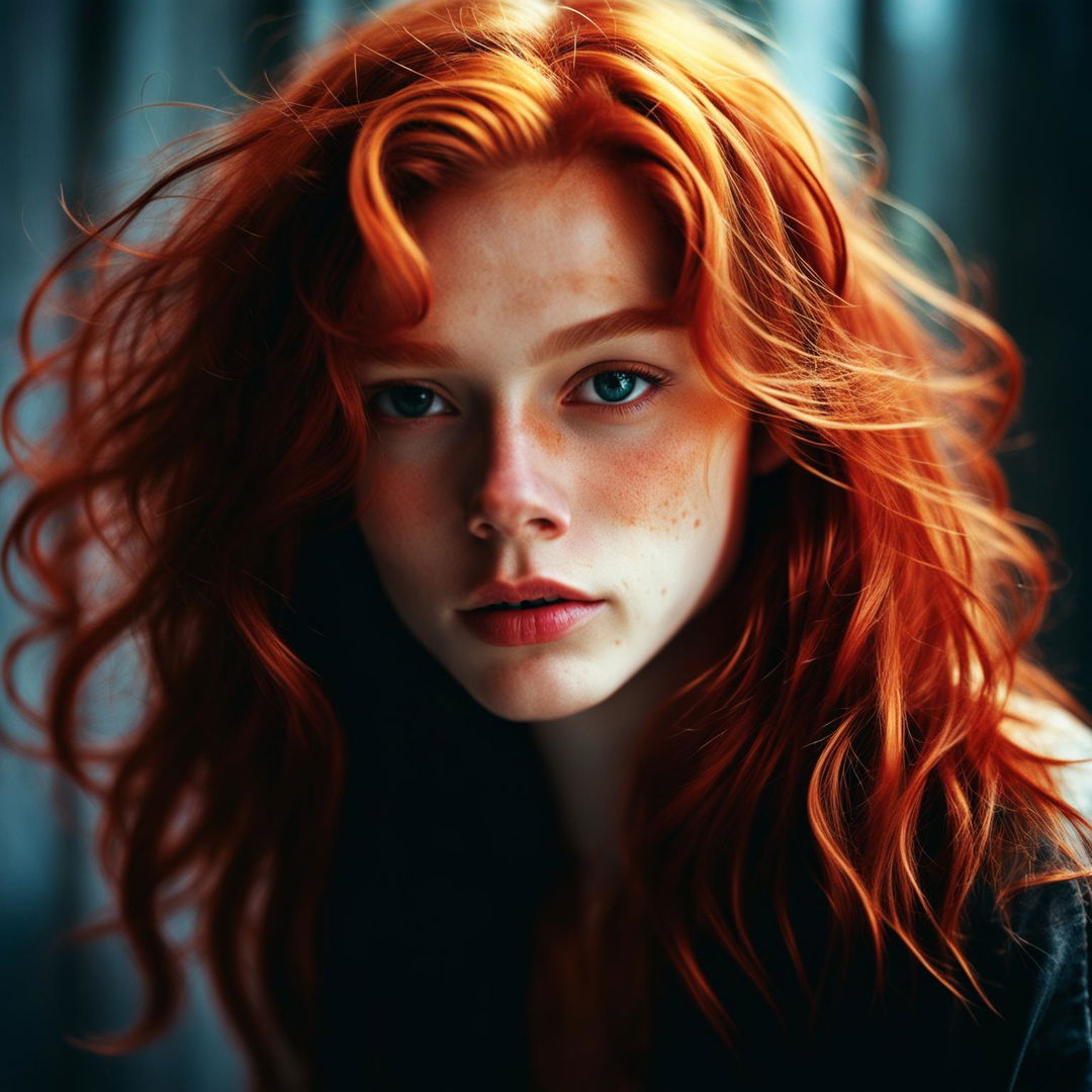 A 200mm portrait photograph of a 21-year-old with vibrant red hair, youthful features highlighted by soft lighting against a blurred background.