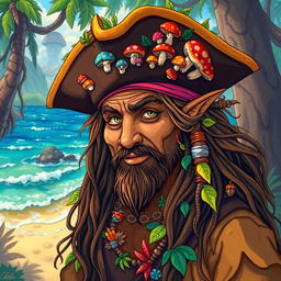 A dirty hippie pirate with dark tan skin and elven facial features, wearing a tricorn hat adorned with colorful mushrooms