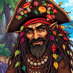 A dirty hippie pirate with dark tan skin and elven facial features, wearing a tricorn hat adorned with colorful mushrooms