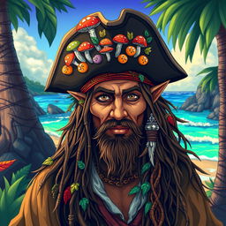A dirty hippie pirate with dark tan skin and elven facial features, wearing a tricorn hat adorned with colorful mushrooms