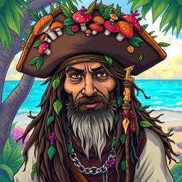 A dirty hippie pirate with dark tan skin and elven facial features, wearing a tricorn hat adorned with colorful mushrooms