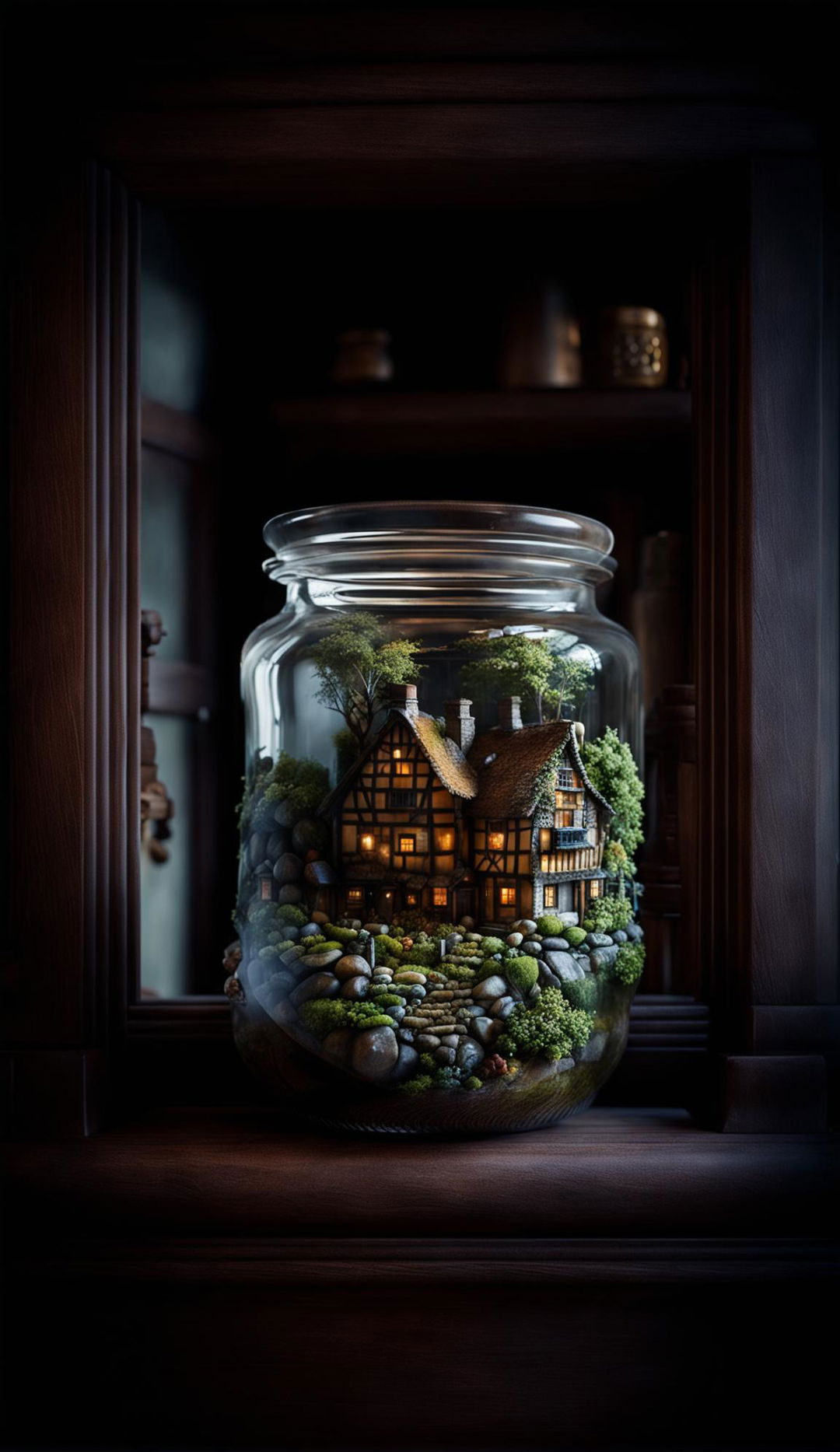 A 36k HD professional photograph of a glass jar containing a miniature cottage amongst rolling hills, placed on an ornate mantle in a low-lit gothic-Victorian room.