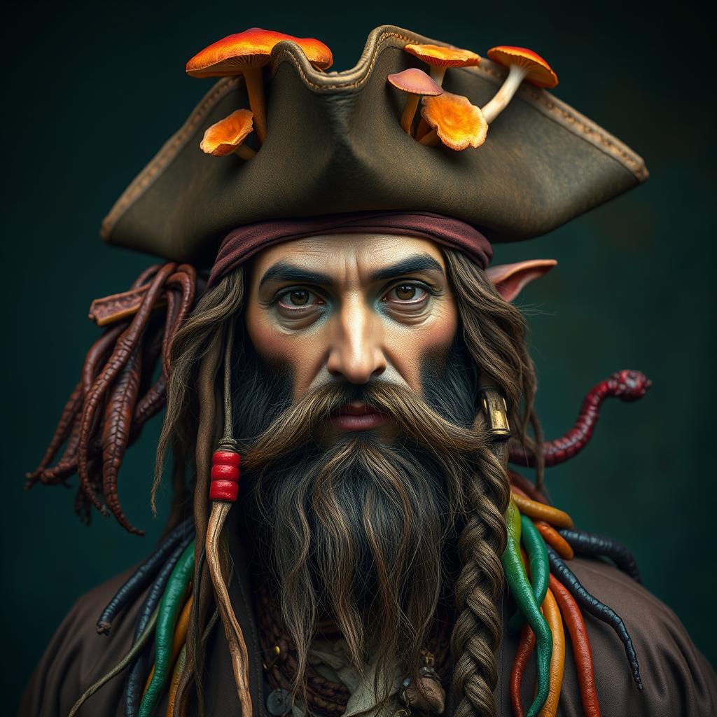 A dirty hippie pirate with dark tan skin and elven facial features, featuring a Confucian beard that flows elegantly