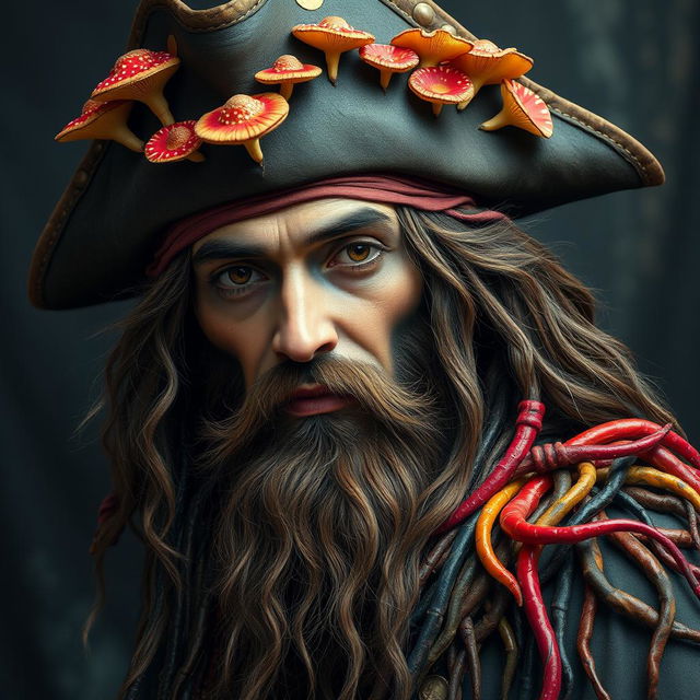 A dirty hippie pirate with dark tan skin and elven facial features, featuring a Confucian beard that flows elegantly