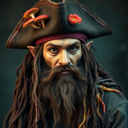A dirty hippie pirate with dark tan skin and elven facial features, featuring a Confucian beard that flows elegantly
