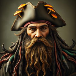 A dirty hippie pirate with dark tan skin and elven facial features, featuring a Confucian beard that flows elegantly