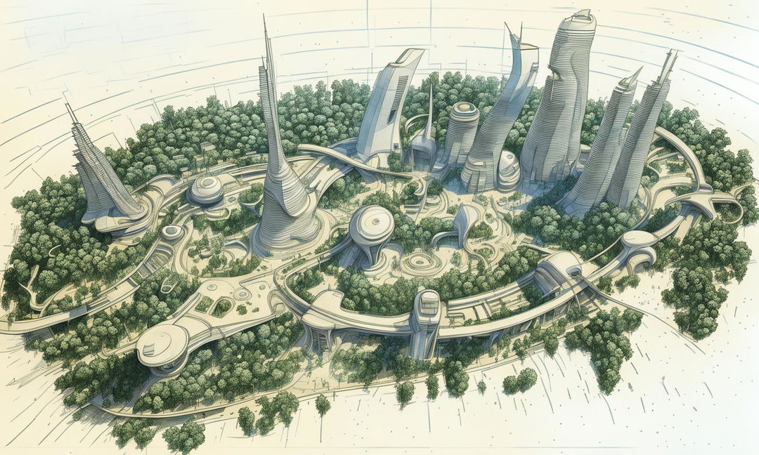 Bird's eye view concept sketch of a futuristic cityscape without cars, featuring lush landscapes and stunning architecture in 32k HD detail.