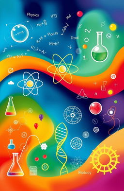 A visually captivating illustration representing the four core sciences: physics, math, chemistry, and biology