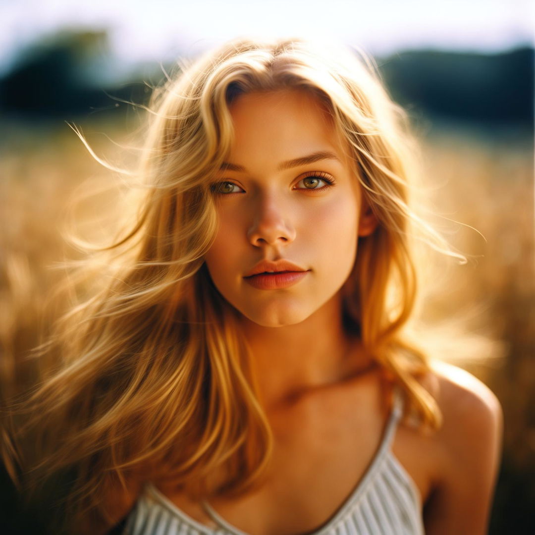 A 200mm portrait photograph of a 21-year-old girl with golden blonde hair, her youthful features highlighted by warm lighting against a blurred background.