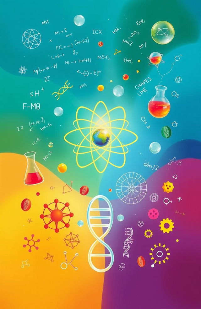 A visually captivating illustration representing the four core sciences: physics, math, chemistry, and biology