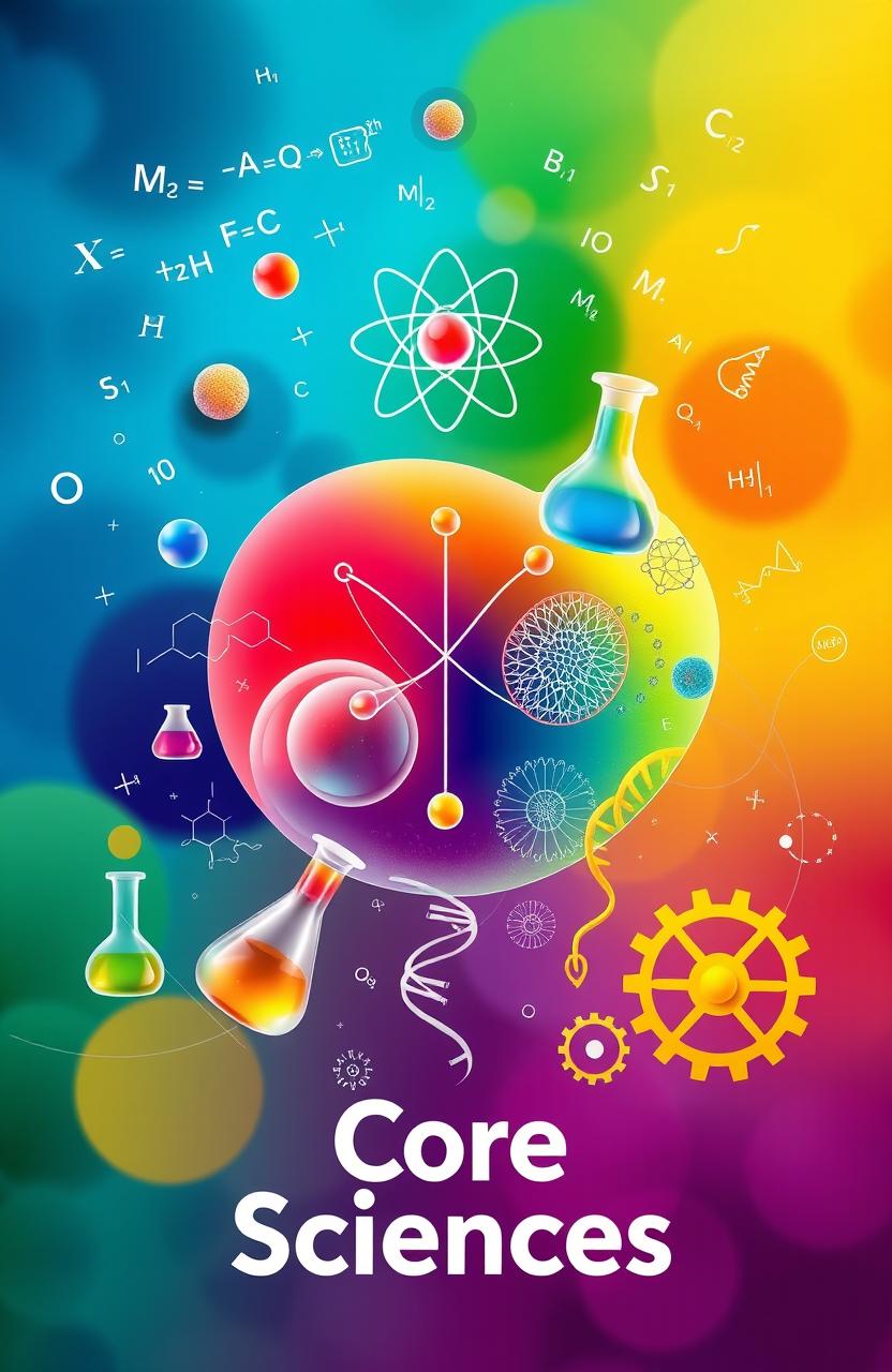 A visually captivating illustration representing the four core sciences: physics, math, chemistry, and biology