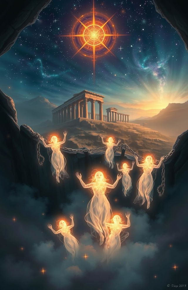 A fantastical image depicting a mystical scene titled 'Awakening Captive Souls'