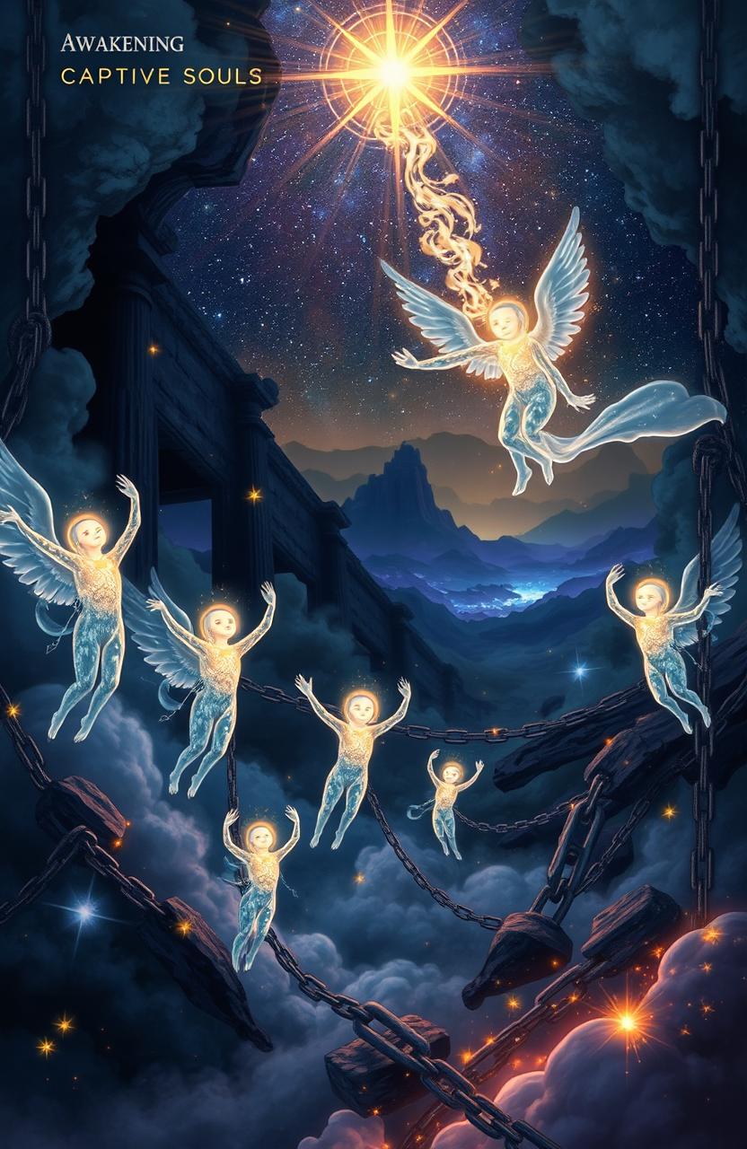 A fantastical image depicting a mystical scene titled 'Awakening Captive Souls'