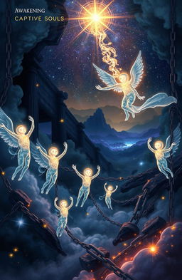 A fantastical image depicting a mystical scene titled 'Awakening Captive Souls'