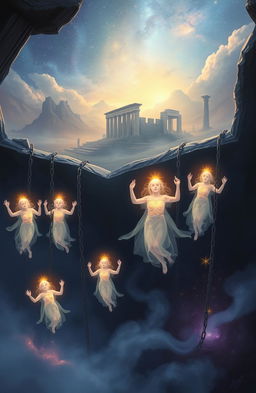 A fantastical image depicting a mystical scene titled 'Awakening Captive Souls'