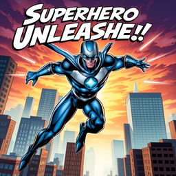 A dynamic comic book cover featuring a superhero in mid-action
