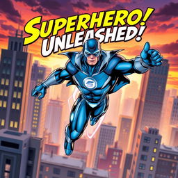 A dynamic comic book cover featuring a superhero in mid-action