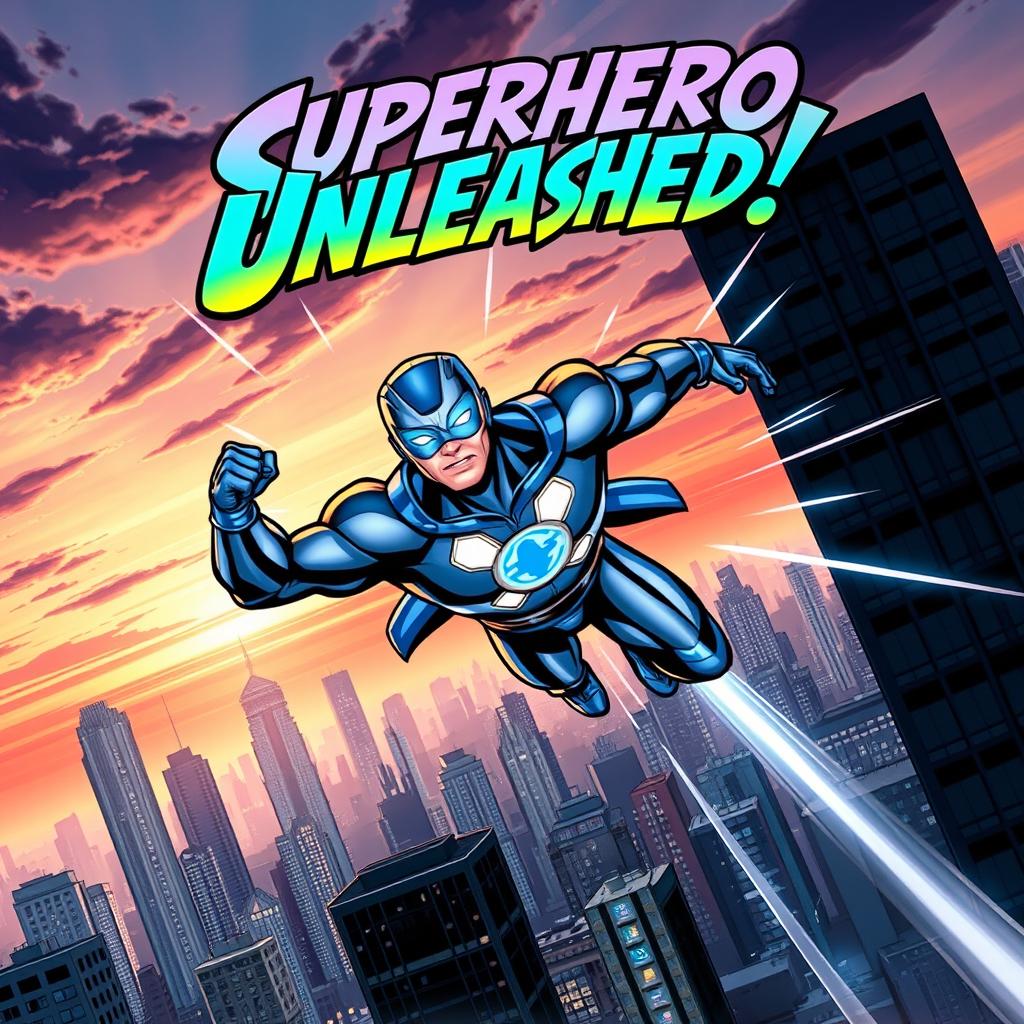 A dynamic comic book cover featuring a superhero in mid-action