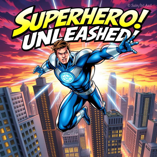 A dynamic comic book cover featuring a superhero in mid-action