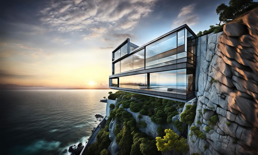 A cantilevered home suspended over a rocky cliff overlooking a serene ocean. The house is a blend of glass, steel, and concrete. The image is captured in aperture priority mode, f/8, ISO 200 with a wide-angle lens.