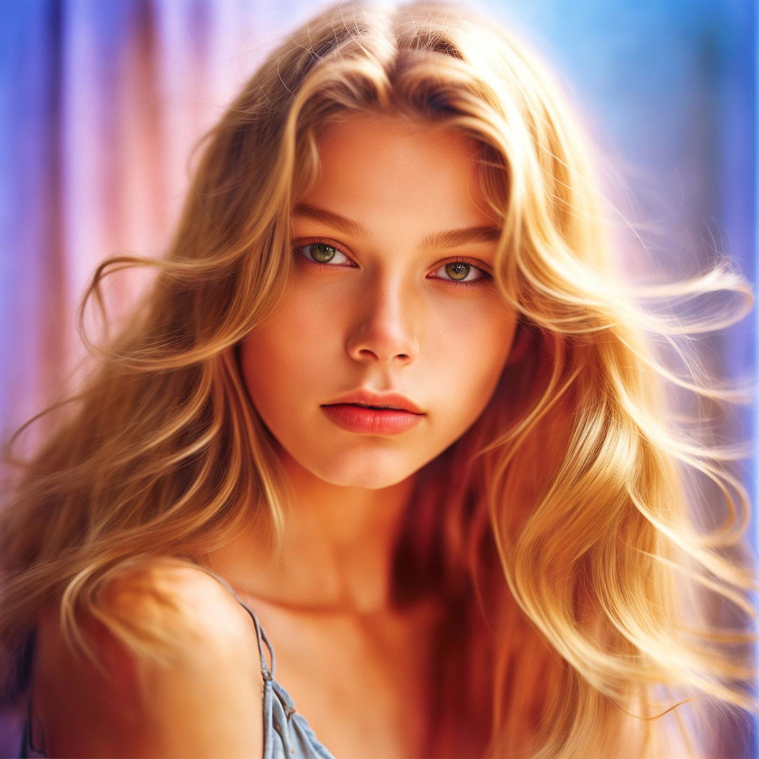 A 200mm portrait photograph of a 21-year-old girl with golden blonde hair, her youthful features highlighted by warm lighting against a muted pastel-colored background.