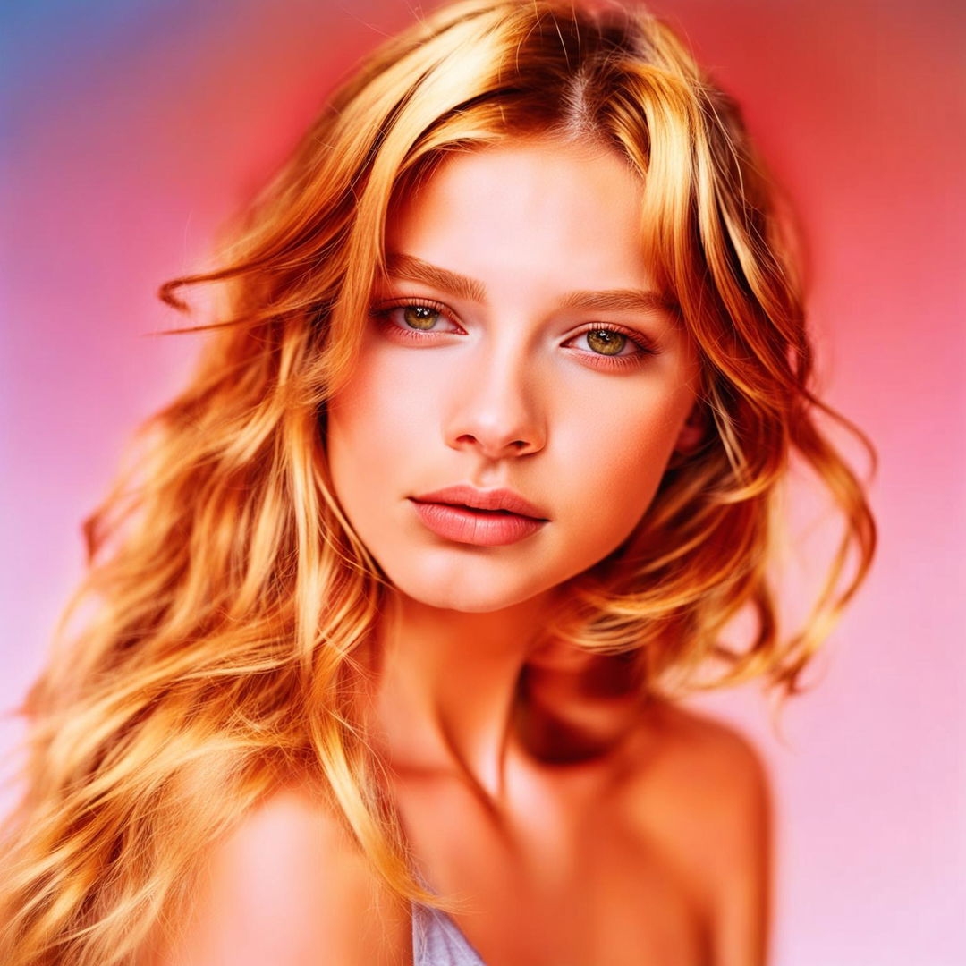 A 200mm portrait photograph of a 21-year-old girl with sun-kissed blonde hair, her youthful features illuminated by warm lighting against a backdrop of muted pastel colors.