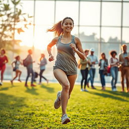 A vibrant and inspiring scene depicting a diverse group of people in various settings, engaged in activities that represent motivation and determination