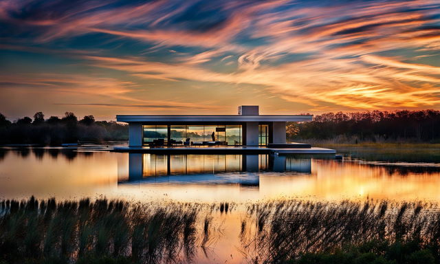 A contemporary lakeside residence at sunset, captured with a professional camera set to manual mode, f/8, ISO 200 using a telephoto lens. The setting sun casts a warm glow on the reflective surface of the tranquil lake.