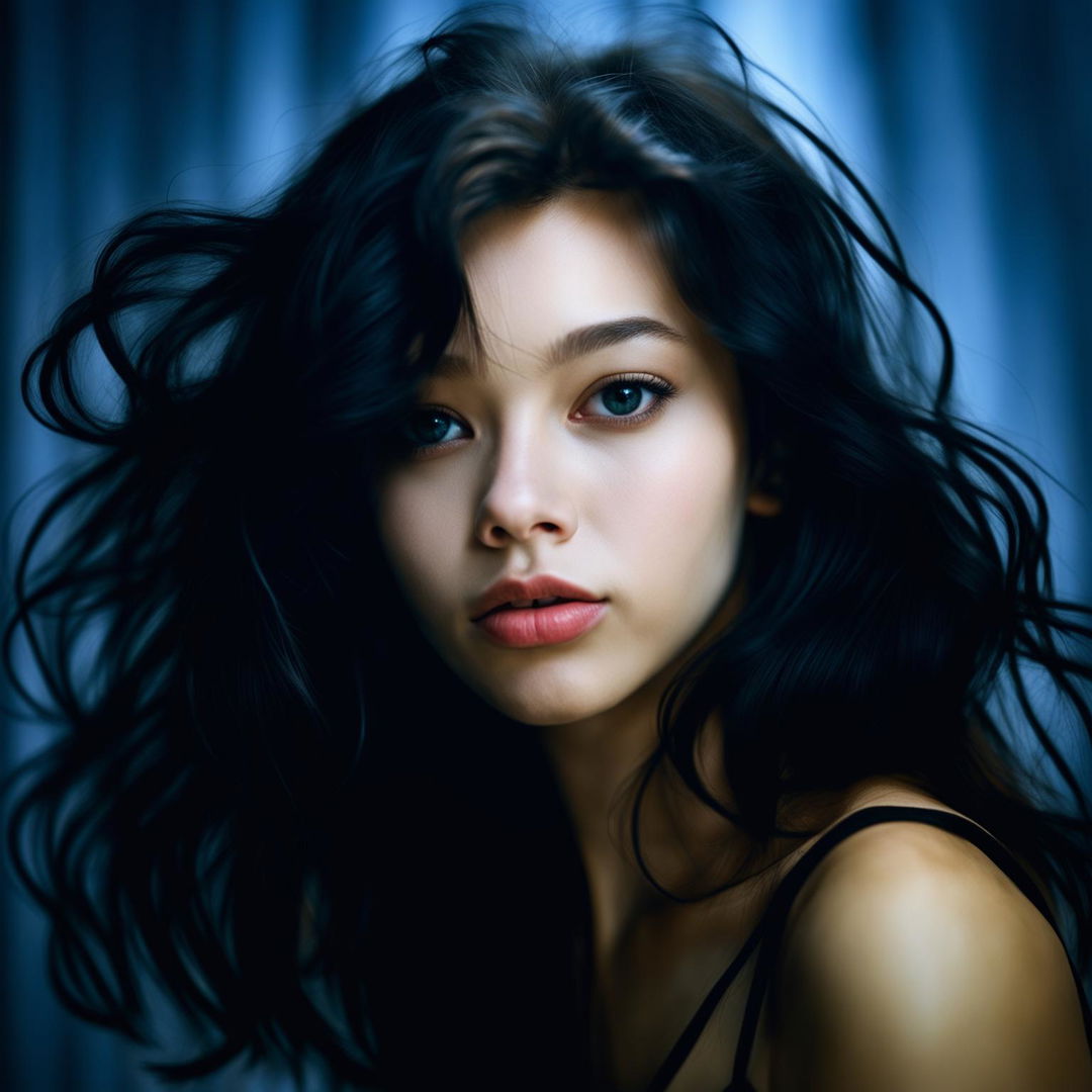 A 200mm portrait photograph of a 21-year-old girl with jet black hair, her youthful features highlighted by soft lighting against a blurred background.