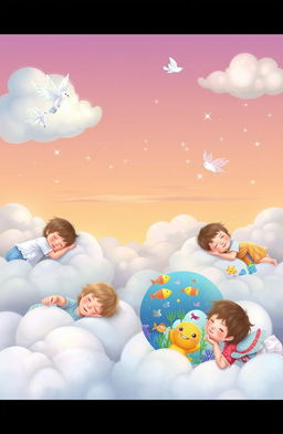 A serene and whimsical scene of several children peacefully dreaming while lying on soft fluffy clouds