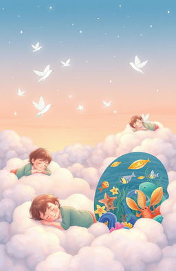 A serene and whimsical scene of several children peacefully dreaming while lying on soft fluffy clouds